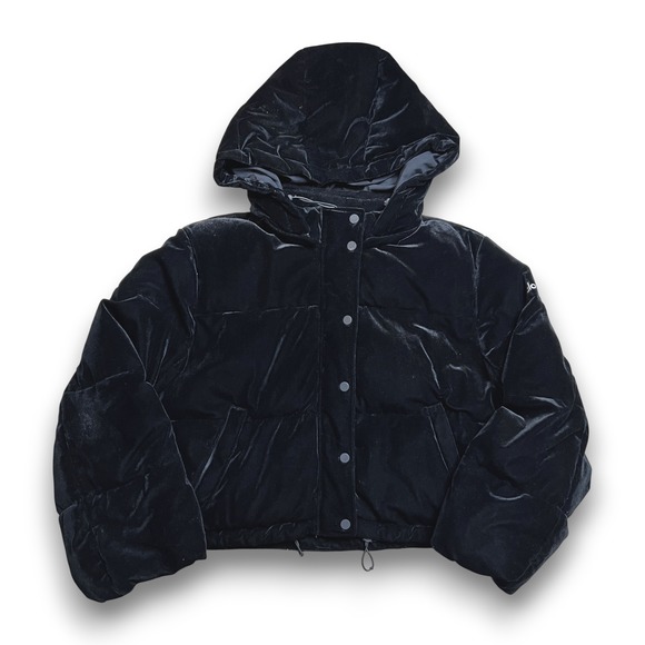 Alo Yoga Velvet Puffer Jacket Hooded Black Quilted Snap Front Womens Cozy  Sz M